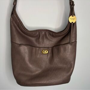 Women's Taupe Leather Shoulder Bag with Turn-Lock Closure Margot New York